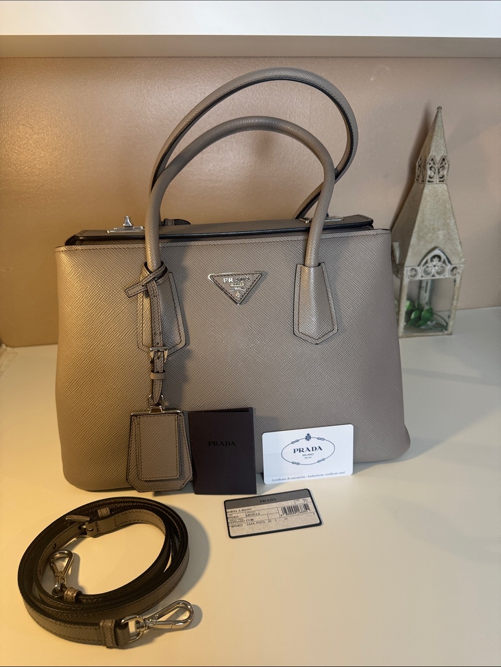 Prada Saffiano Leather Satchel in Taupe Gray with Silver Hardware